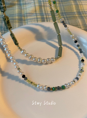 复古绿色天然石珍珠项链