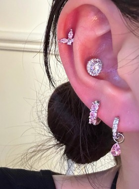 甜美粉色蝴蝶耳钉满钻水滴耳圈爆闪锆石耳蜗钉养耳洞钛钢耳骨钉女