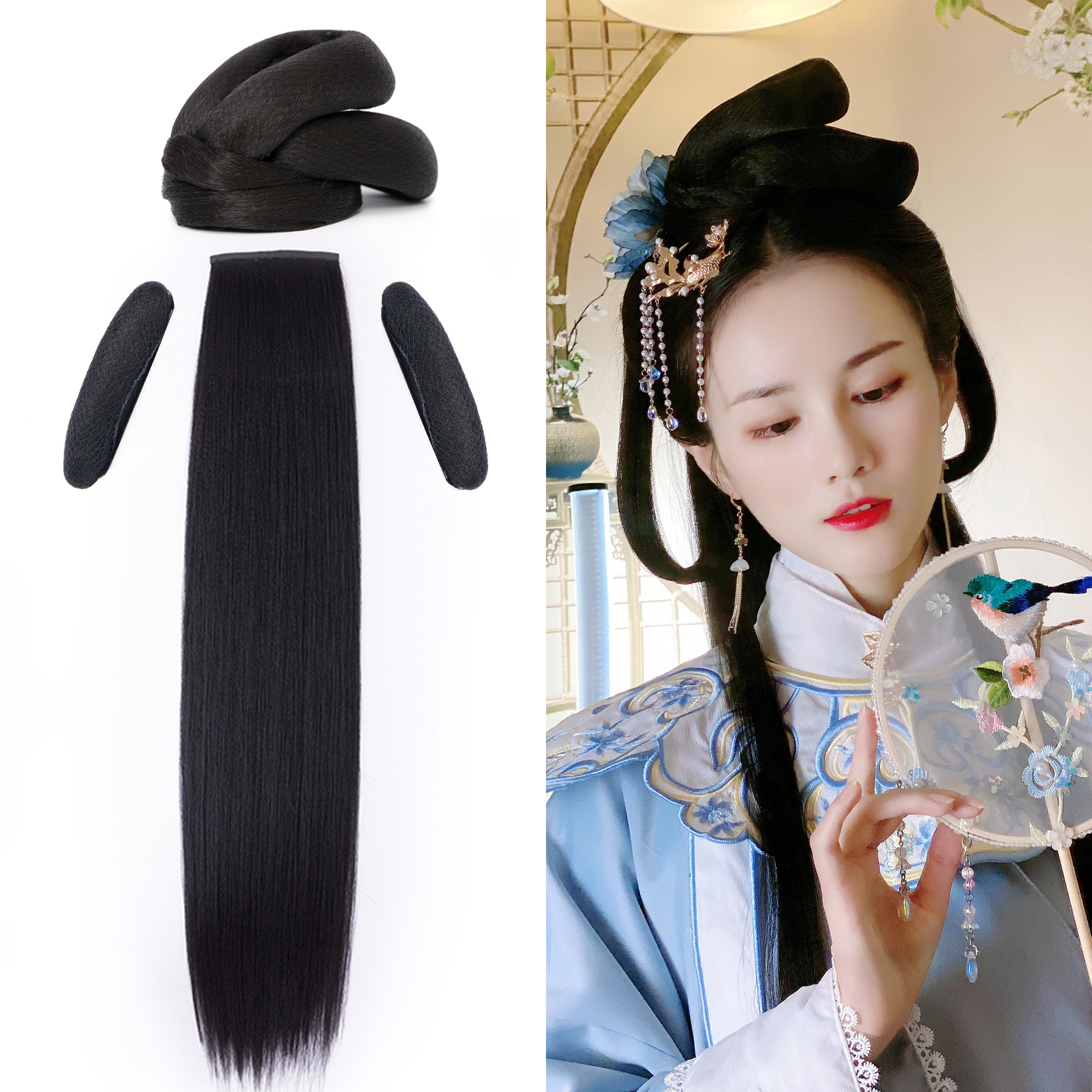 记川国风 原创发型套餐双刀髻曲曲发片假发锦鲤发梳汉服头饰