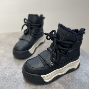 2024冬季真皮厚底羊毛雪地靴女中筒魔术贴保暖棉靴防滑棉鞋女加厚