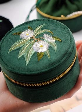 高档天鹅绒布刺绣绣花便携手镯盒子旅行手表盒收纳复古珠宝首饰盒