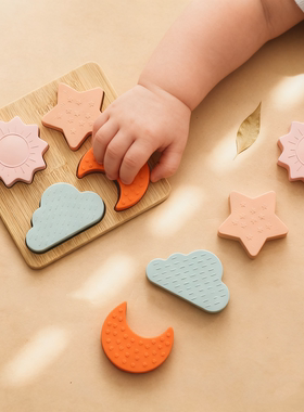 木质硅胶拼板婴幼儿早教手抓板配对认知积木精细动作训练可啃咬1+