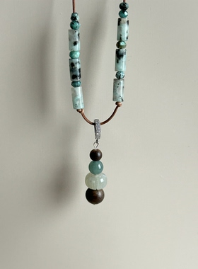 清冷感天然石和田玉海南沉香蓝水翡翠牛皮绳万能扣项链毛衣链