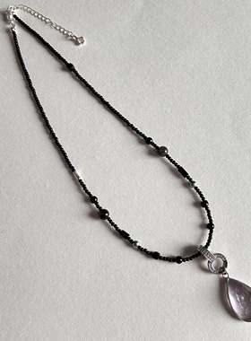 黑玛瑙真多麻贝珠银耀石项链颈链choker锁骨链万能扣紫水晶吊坠