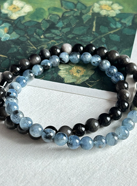 天然黑爆闪海蓝宝曜石手链女招财转运小众银曜石猫眼水晶串珠手链