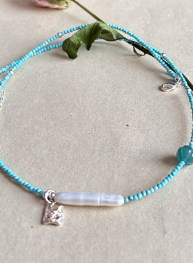 清爽天然公主蓝松石串珠巴洛克长珍珠银扣头锁骨项链韩版简约设计