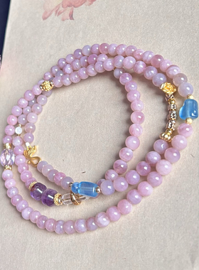 天然紫马粉水晶魔鬼蓝海蓝宝极光23 白水晶甜美长项链可多圈手链