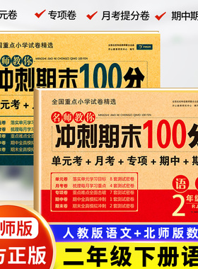 冲刺期末100分二年级下册语文数学同步训练试卷测试卷全套人教部编版语文+数学北师大版BSD小学生二年级语文数学练习题