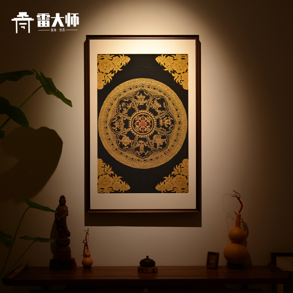刺绣吉祥八宝唐卡装饰画茶室玄关客厅背景墙挂画餐厅实木背景