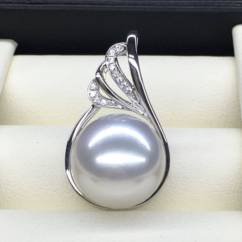 澳白珍珠吊坠18k金正圆形13-14mm冷光银白色海水珠南洋白珠背托款