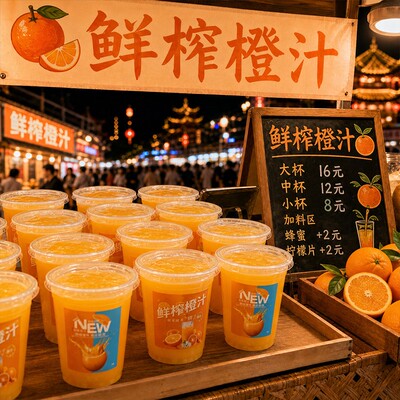 鲜榨橙汁打包杯带贴纸鲜榨果汁包装杯子摆摊商用芒果夜市包装杯