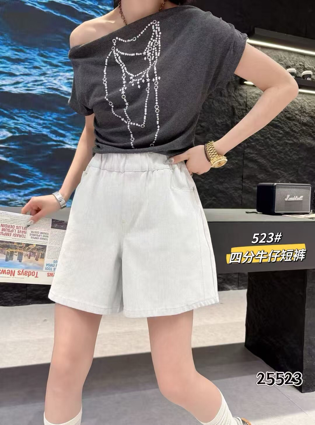 大码江南一村25523夏款牛仔短裤4分裤200斤胖妹