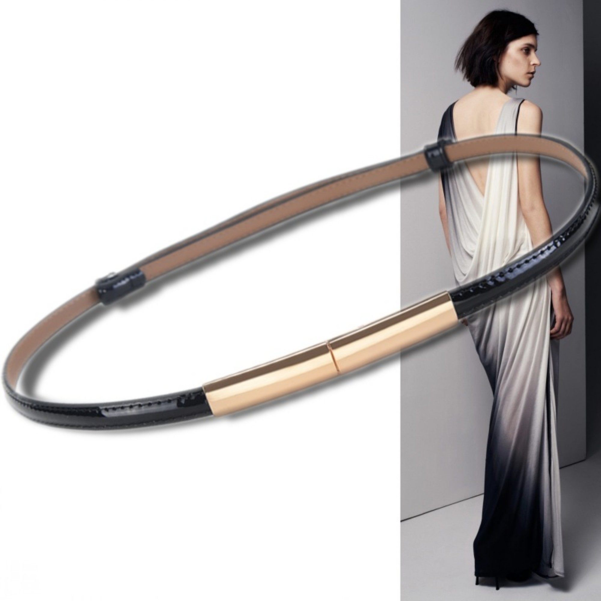 百搭宝石蓝色装饰细腰带裤子连衣裙配饰通勤真皮女亮面漆皮小皮带