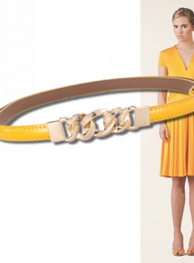 黄色漆皮链条1.5厘米真皮细皮带裙带时尚女式配饰牛仔裤装饰腰带