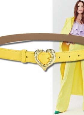 2.4厘米黄色桃心扣牛皮装饰腰带小香风女西装牛仔裤连衣裙小皮带