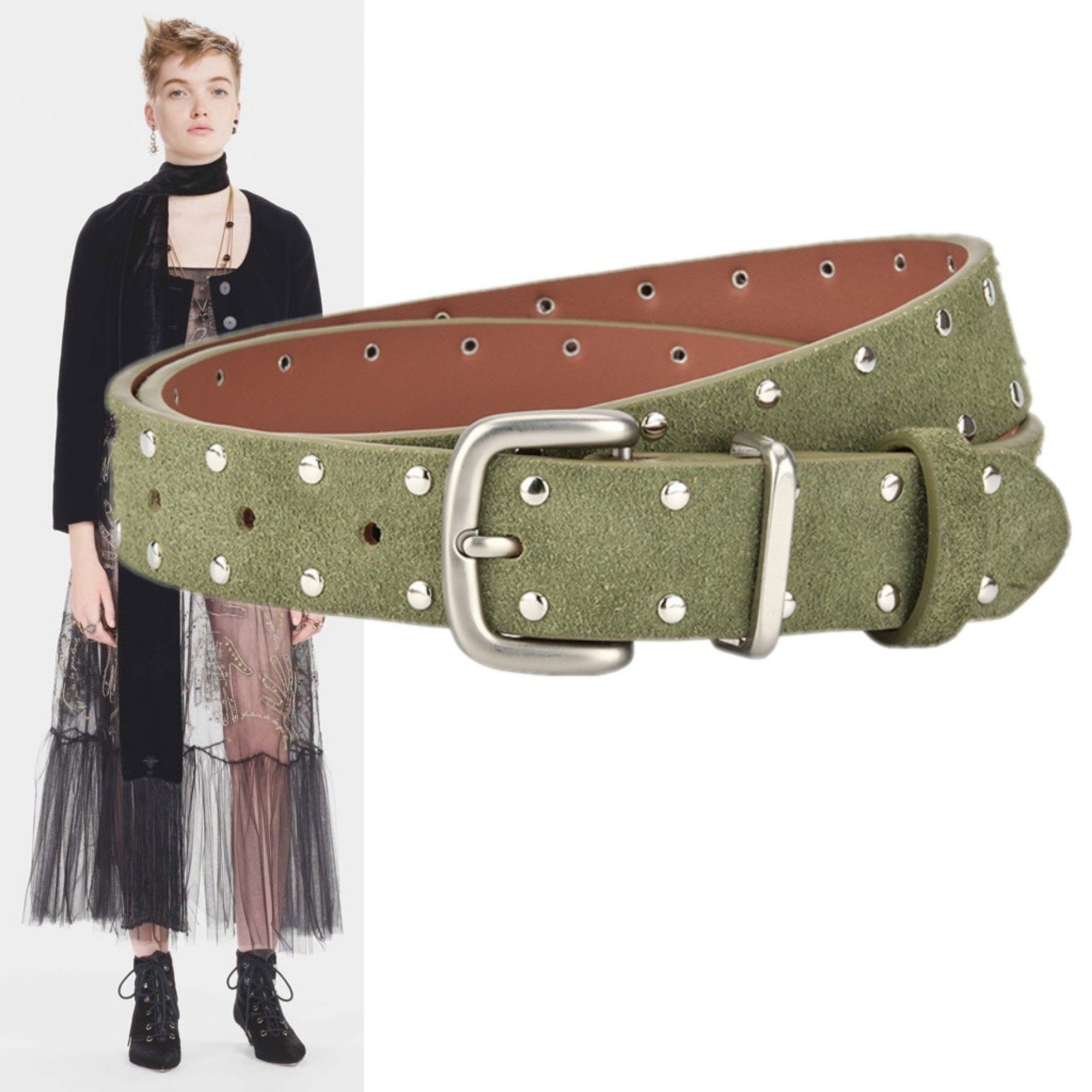 军绿色金属铆钉磨砂真皮腰带2.8厘米女风衣连衣裙牛仔裤短裙皮带