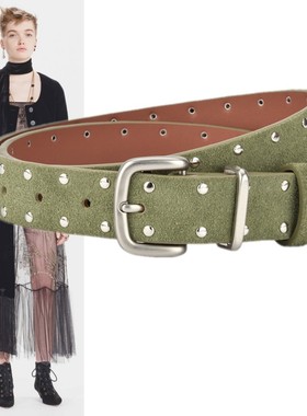 军绿色金属铆钉磨砂真皮腰带2.8厘米女风衣连衣裙牛仔裤短裙皮带