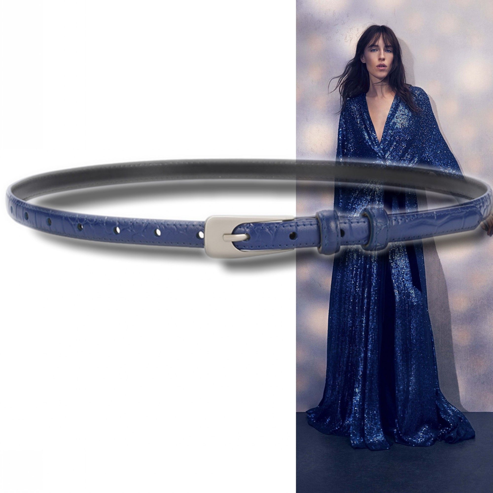 深宝蓝色鳄鱼纹真皮装饰细腰带1.4厘米女牛仔裤毛衣裙羽绒服皮带