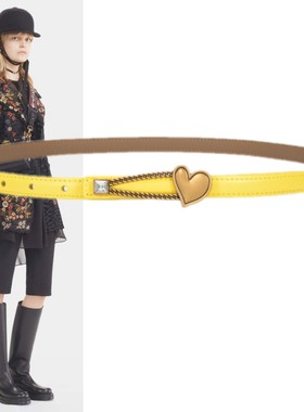 黄色桃心装饰细腰带女1.5厘米搭配裙子牛仔裤T恤旗袍真牛皮小皮带