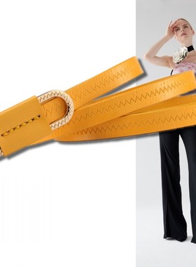 黄色时尚潮女配饰装饰二层牛皮细腰带真皮1厘米窄皮带牛仔裤裙带