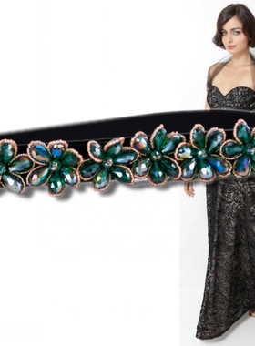 洋气墨绿色水钻梨花装饰腰带女礼服裙子衬衫风衣配饰弹力松紧腰封