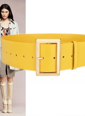 时尚黄色6厘米装饰宽腰带女大衣羽绒服裙子配饰牛皮腰封束腰皮带