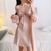 薄款 吊带睡裙睡袍套装 刺绣性感醋酸睡衣女家居服高级感 春夏季 新款