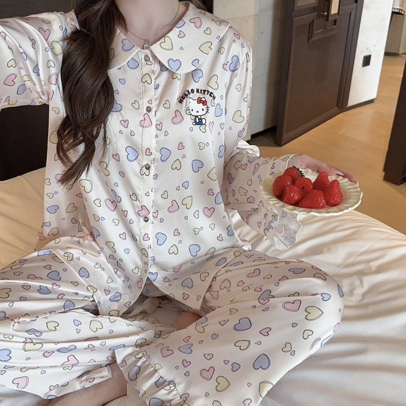 网红风睡衣女款春秋款长袖2025新款冰丝绸秋季女士家居服卡通套装