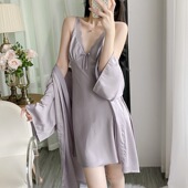 薄 纯欲风冰丝蕾丝带胸垫吊带睡裙两件套装 2025新款 性感睡衣女夏季