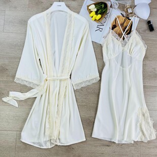春秋季 吊带睡裙睡袍套装 蕾丝2022年新款 性感睡衣女夏天冰丝绸薄款