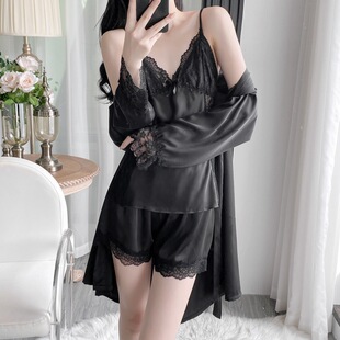 套装 吊带短裤 冰丝睡袍女三件套家居服性感青年春秋 薄款 睡衣女夏季