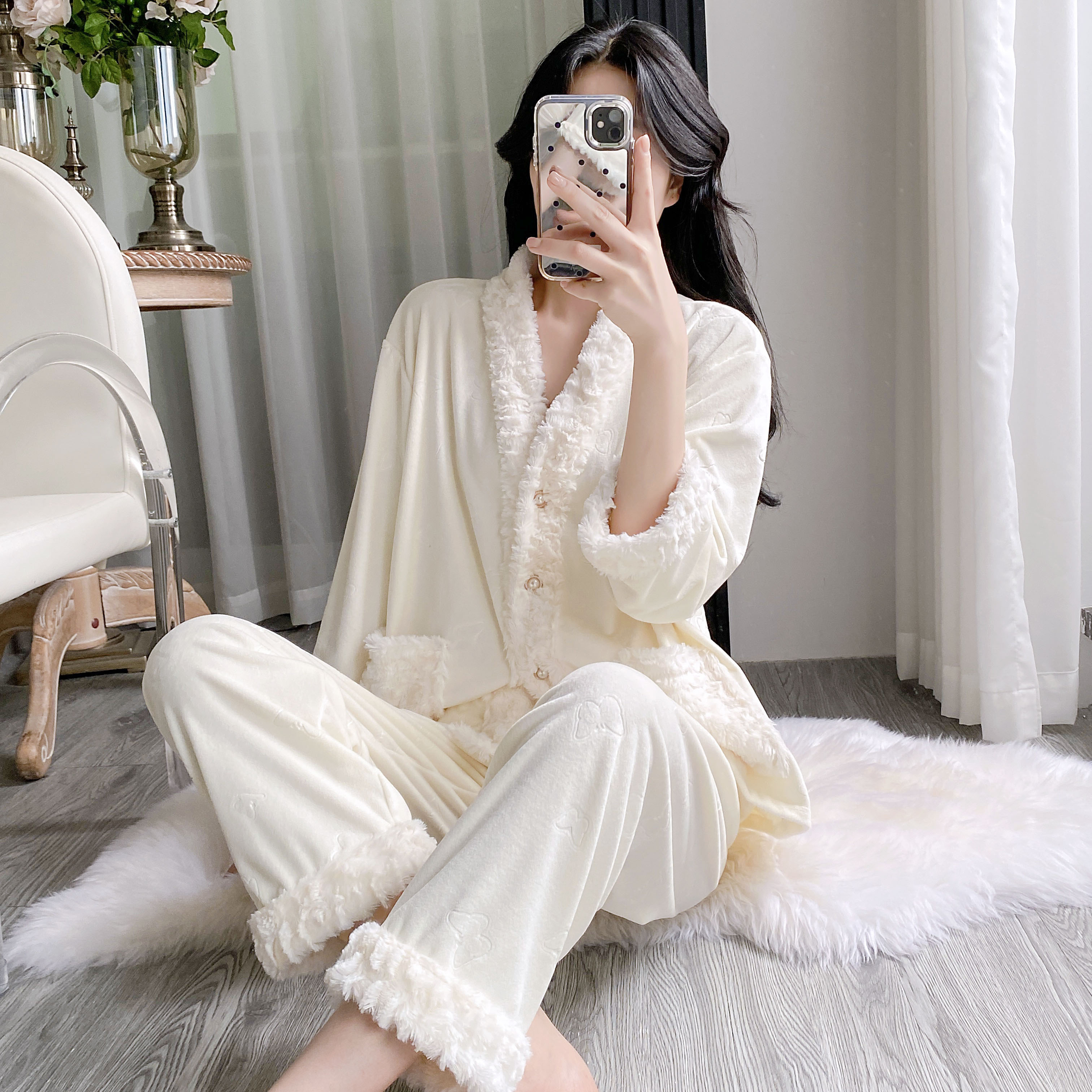 新款小香风睡衣女秋冬海岛绒