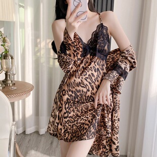 新款 性感吊带睡裙家居服睡袍两件套带胸垫 豹纹蕾丝花边睡衣女夏季