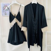 睡袍带胸垫 清凉睡衣女冰丝绸薄款 夏季 镂空露背吊带睡裙两件套短款