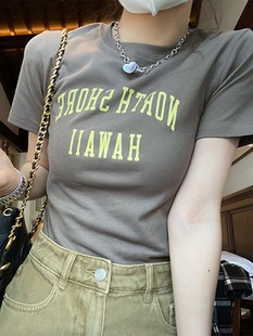修身 T恤女夏 字母印花体恤百搭休闲甜酷上衣美式 复古辣妹正肩短袖