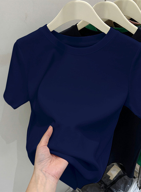 藏蓝色百搭显瘦圆领短袖t恤女2025年新款夏季休闲修身正肩上衣ins