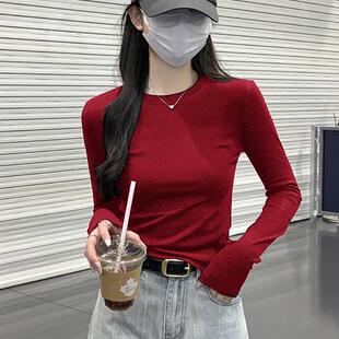 酒红色纯棉圆领打底衫女春秋季高级感修身显瘦正肩长袖t恤上衣女
