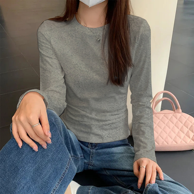 韩国内搭棉质圆领灰色打底衫女秋