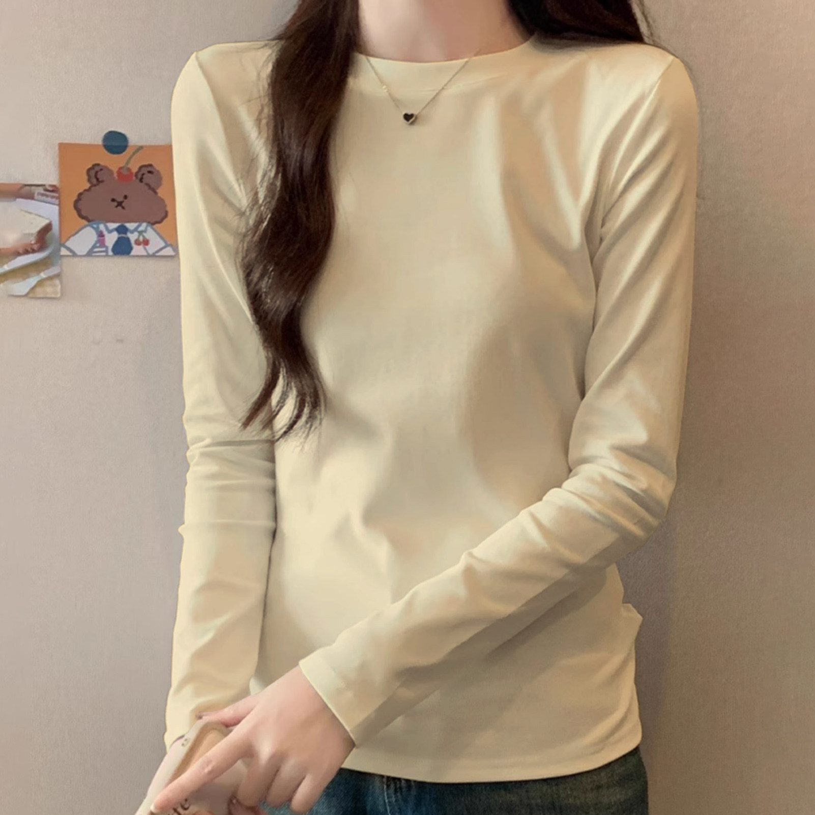 杏色长袖打底衫t恤女内搭春秋图片