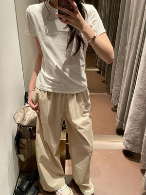 正肩短袖t恤女夏季显瘦上衣纯棉
