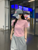 短袖 t恤女2025夏季 新款 粉色圆领修身 爆款 纯色纯棉体恤正肩上衣