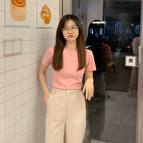 短袖T恤女夏季修身圆领正肩纯棉