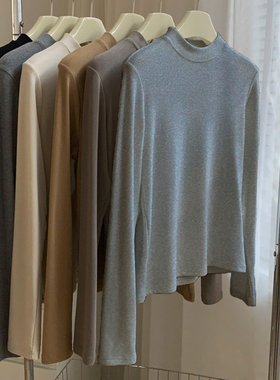 灰色双面磨毛德绒女内搭小立领修身t恤2025新款秋冬季长袖上衣