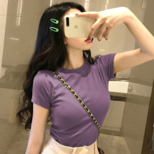 网红修身上衣纯棉紫色正肩短袖t恤女2025新款早春夏季打底衫内搭