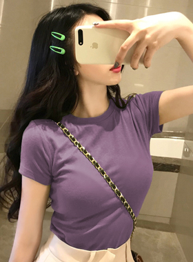 网红修身上衣纯棉紫色正肩短袖t恤女2025新款早春夏季打底衫内搭