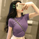 打底衫 网红修身 早春夏季 t恤女2025新款 内搭 上衣纯棉紫色正肩短袖