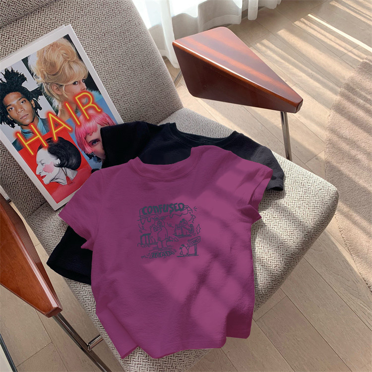 火龙果色正肩短袖t恤女2025夏季新款修身圆领印花上衣纯棉体恤衫