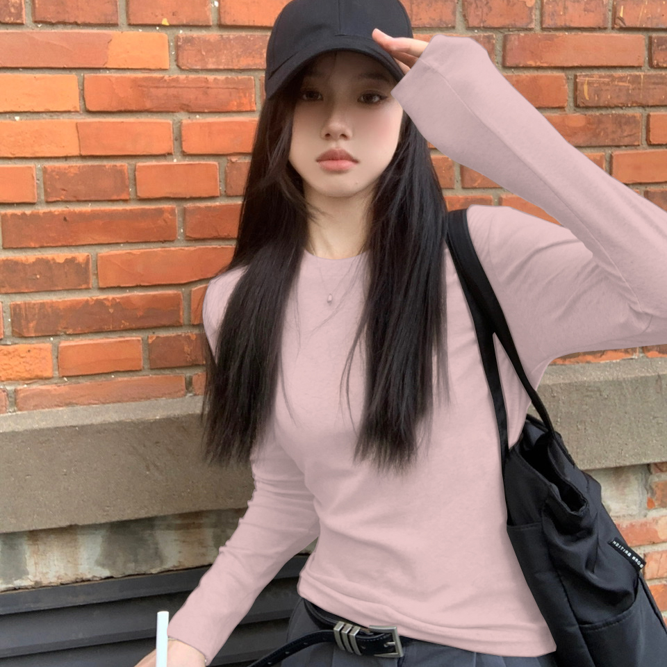 粉色正肩长袖棉质打底衫t恤女ins