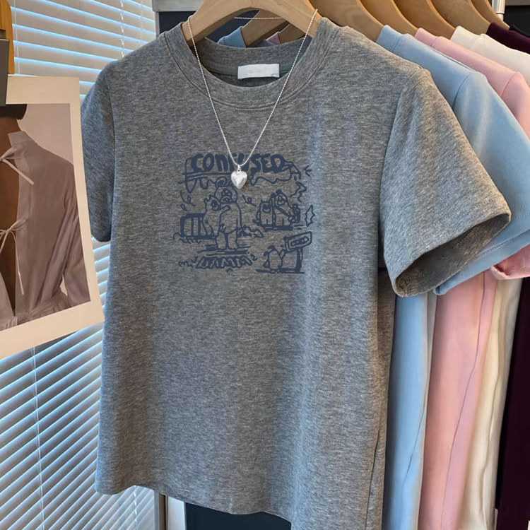 正肩美式t恤女百搭ins印花上衣