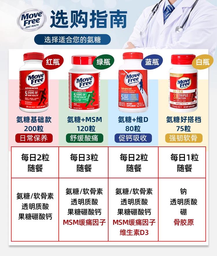 美国Schiff Move Free氨基葡萄糖维骨力软骨素关节红瓶绿瓶含MSM